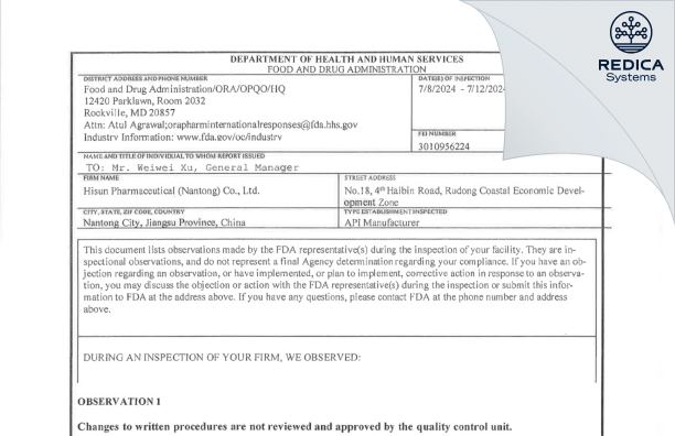 FDA 483 - Hisun Pharmaceutical (Nantong) Co., Ltd. [Nantong / China] - Download PDF - Redica Systems