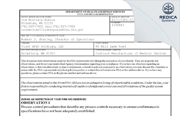 FDA 483 - Viant AS&O Holdings, LLC [Brimfield / United States of America] - Download PDF - Redica Systems