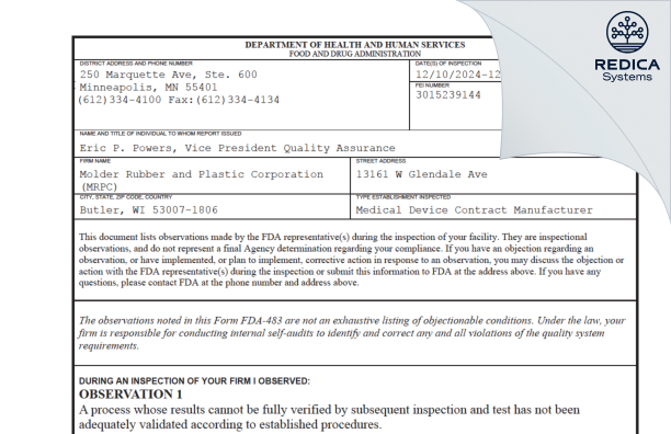 FDA 483 - MRPC [Butler / United States of America] - Download PDF - Redica Systems