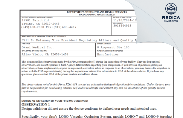 FDA 483 - Okami Medical Inc. [Aliso Viejo / United States of America] - Download PDF - Redica Systems