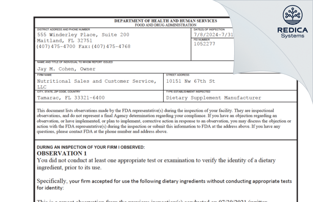 FDA 483 - Nutritional Sales and Customer Service, LLC [Tamarac / United States of America] - Download PDF - Redica Systems