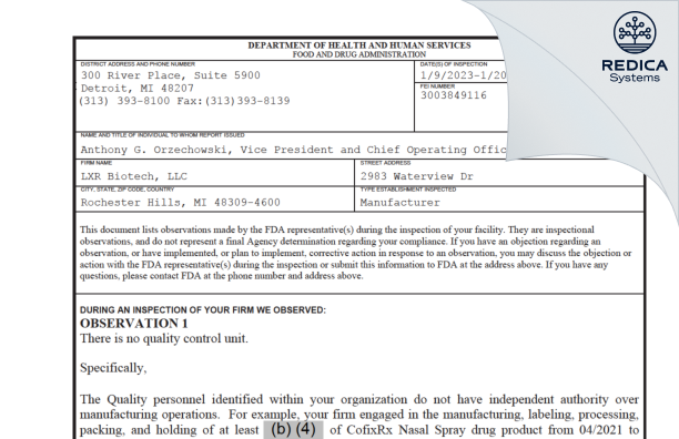 FDA 483 - LXR Biotech, LLC [Rochester Hills / United States of America] - Download PDF - Redica Systems