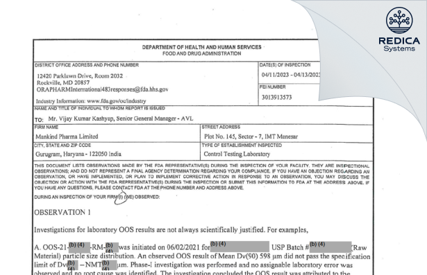 FDA 483 - Mankind Pharma Limited [Manesar / India] - Download PDF - Redica Systems