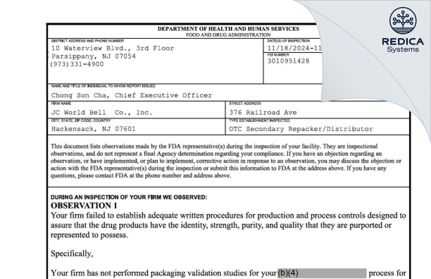 FDA 483 - JC World Bell Wholesale Co., Inc. [Hackensack / United States of America] - Download PDF - Redica Systems