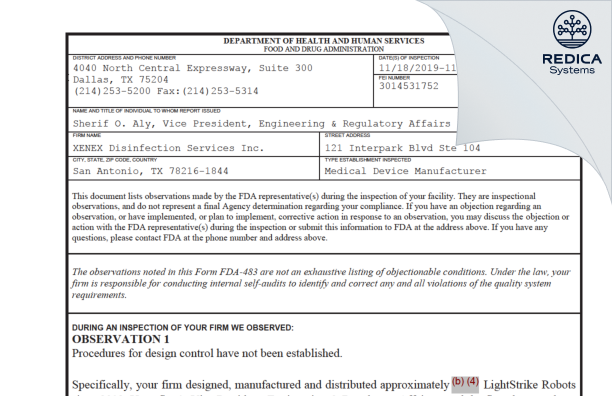 FDA 483 - XENEX Disinfection Services Inc. [San Antonio / United States of America] - Download PDF - Redica Systems