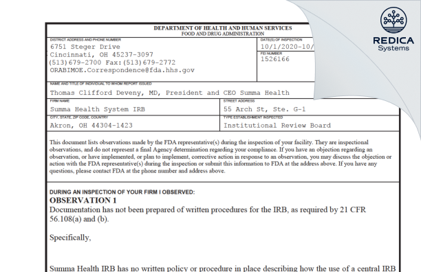 FDA 483 - Summa Health System IRB [Akron / United States of America] - Download PDF - Redica Systems