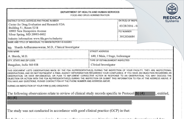 FDA 483 - Dr. A. Sharda [Bangalore / India] - Download PDF - Redica Systems