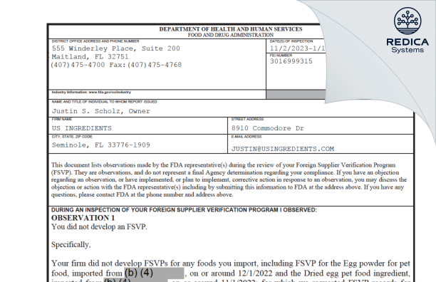 FDA 483 - US INGREDIENTS [Seminole / United States of America] - Download PDF - Redica Systems