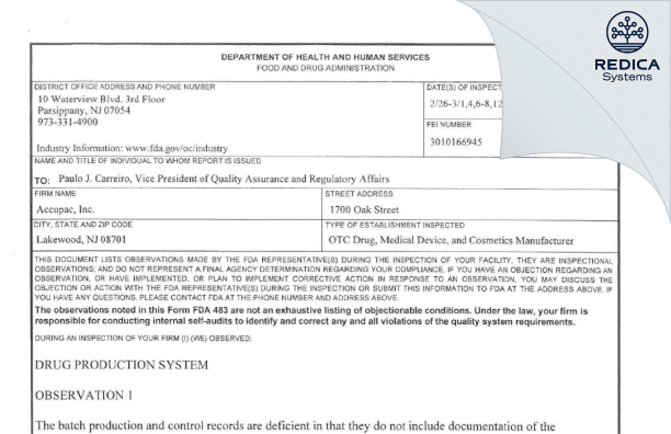 FDA 483 - Accupac, LLC [Lakewood / United States of America] - Download PDF - Redica Systems