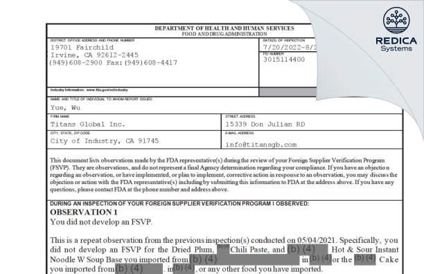 FDA 483 - Titans Global Inc. [Hacienda Heights / United States of America] - Download PDF - Redica Systems