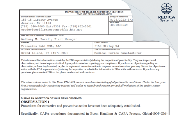 FDA 483 - Fresenius Kabi USA, LLC [Grand Island / United States of America] - Download PDF - Redica Systems