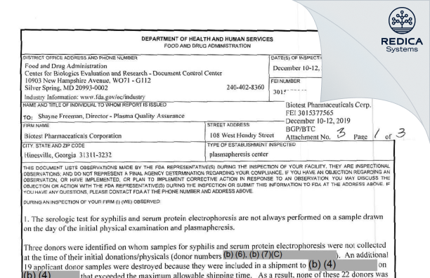 FDA 483 - Biotest Pharmaceuticals Corporation [Hinesville / United States of America] - Download PDF - Redica Systems