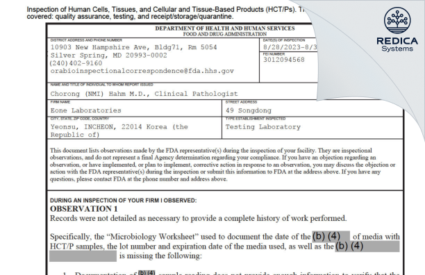 FDA 483 - Eone Laboratories [Soan / Korea (Democratic People's Republic of)] - Download PDF - Redica Systems