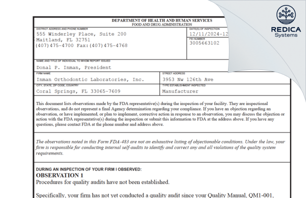 FDA 483 - INMAN ORTHODONTIC LABORATORIES, INC. [Coral Springs / United States of America] - Download PDF - Redica Systems