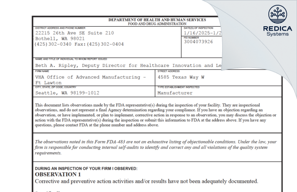 FDA 483 - VHA Office of Advanced Manufacturing - Ft. Lawton [Seattle / United States of America] - Download PDF - Redica Systems