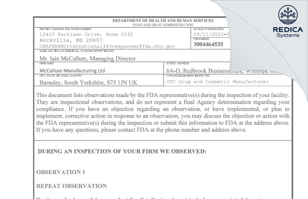 FDA 483 - McCallum Manufacturing Limited [Barnsley / United Kingdom of Great Britain and Northern Ireland] - Download PDF - Redica Systems