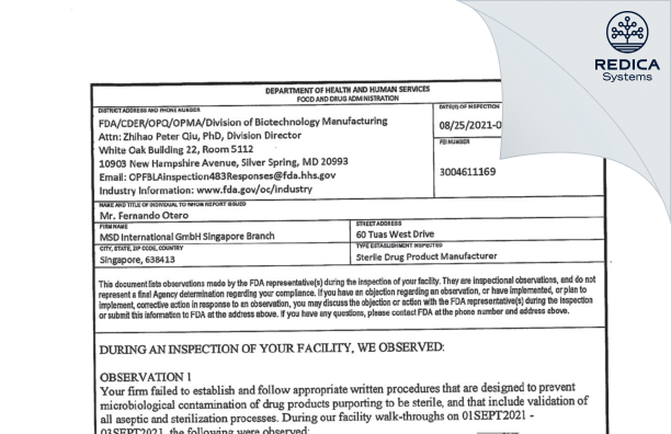 FDA 483 - MSD International GmbH (Singapore Branch) [Singapore / Singapore] - Download PDF - Redica Systems