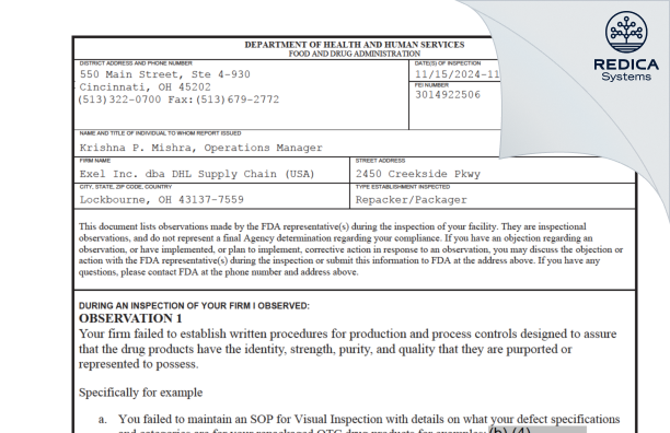 FDA 483 - Exel Inc. dba DHL Supply Chain (USA) [Lockbourne / United States of America] - Download PDF - Redica Systems