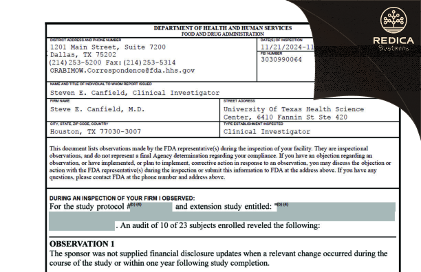 FDA 483 - Steve E. Canfield, M.D. [Houston / United States of America] - Download PDF - Redica Systems