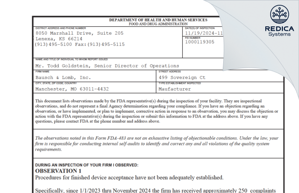 FDA 483 - Bausch & Lomb, Inc. [Ballwin / United States of America] - Download PDF - Redica Systems