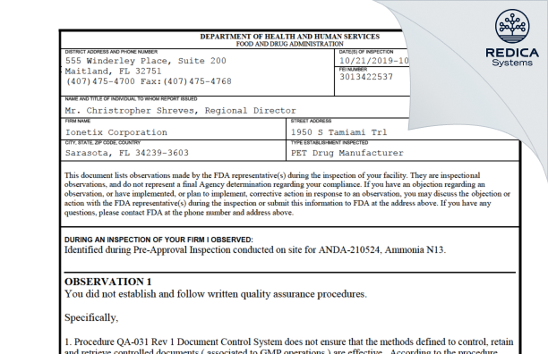 FDA 483 - Ionetix Corporation [Venice / United States of America] - Download PDF - Redica Systems