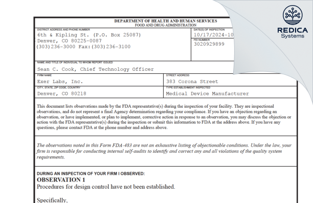 FDA 483 - EXER LABS, INC. [Denver / United States of America] - Download PDF - Redica Systems