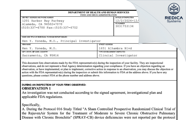 FDA 483 - Ken Y. Yoneda, M.D. [Sacramento / United States of America] - Download PDF - Redica Systems