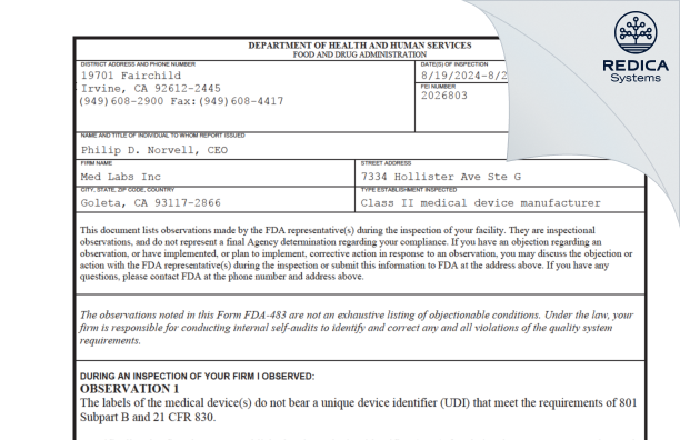 FDA 483 - Med Laboratories Inc [Goleta / United States of America] - Download PDF - Redica Systems