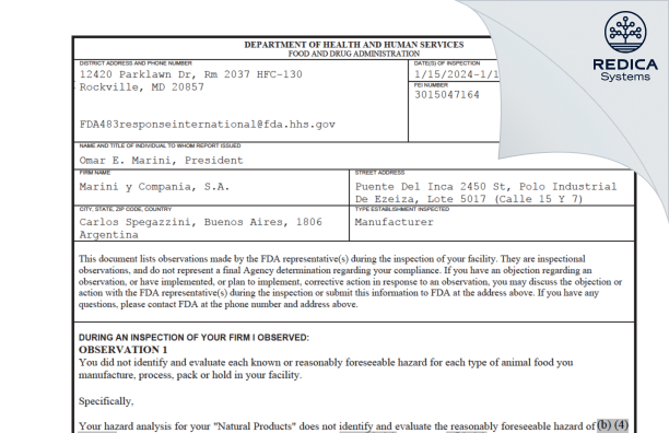 FDA 483 - Marini y Compania, S.A. [Ezeiza / Argentina] - Download PDF - Redica Systems