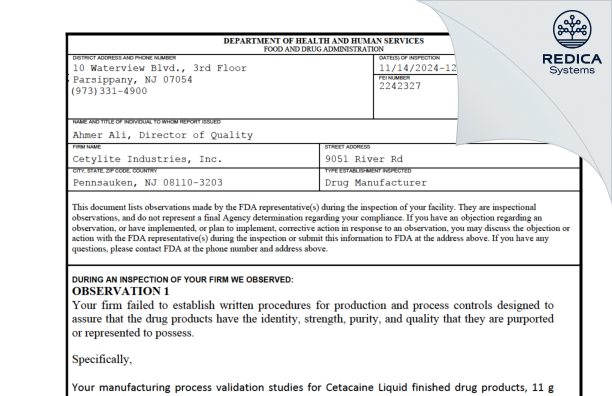 FDA 483 - Cetylite Industries, Inc. [Pennsauken / United States of America] - Download PDF - Redica Systems