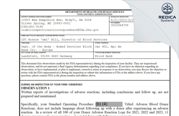 FDA 483 - Dept. of the Army - Armed Services Blood Bank Ctr. - Europe [Landstuhl / Germany] - Download PDF - Redica Systems