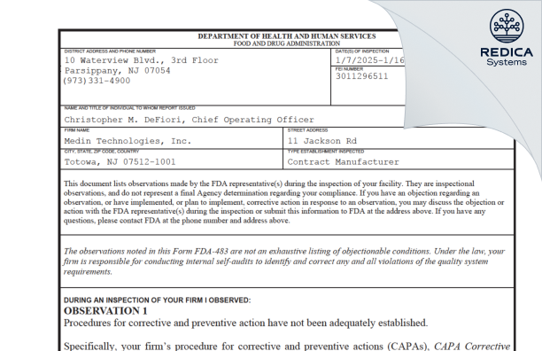 FDA 483 - Medin Technologies, Inc. [Totowa / United States of America] - Download PDF - Redica Systems