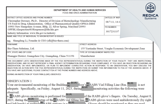FDA 483 - Bio-Thera Solutions, Ltd. [Huangpu / China] - Download PDF - Redica Systems
