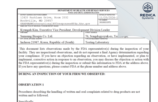 FDA 483 - Samsung Bioepis Co., Ltd. [Incheon / Korea (Republic of)] - Download PDF - Redica Systems