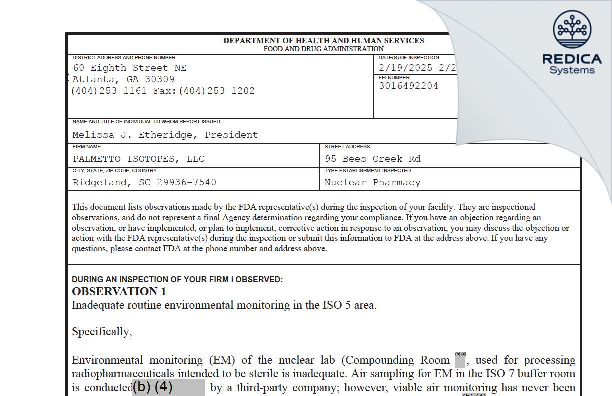 FDA 483 - PALMETTO ISOTOPES, LLC [Ridgeland / United States of America] - Download PDF - Redica Systems