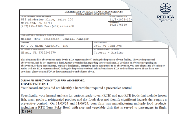 FDA 483 - DO & CO MIAMI CATERING, INC [Miami / United States of America] - Download PDF - Redica Systems