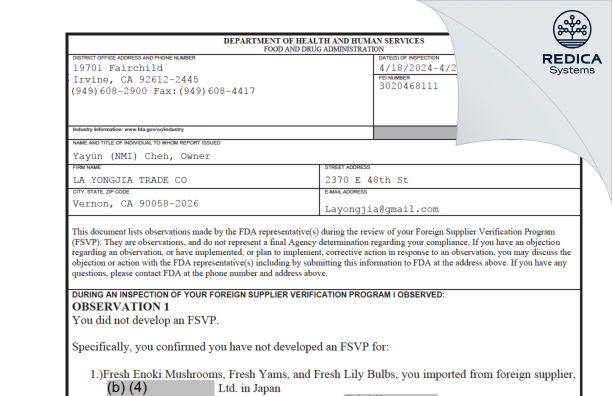 FDA 483 - LA YONGJIA TRADE CO [Los Angeles / United States of America] - Download PDF - Redica Systems