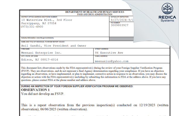 FDA 483 - Meenaxi Enterprise Inc. [Edison / United States of America] - Download PDF - Redica Systems