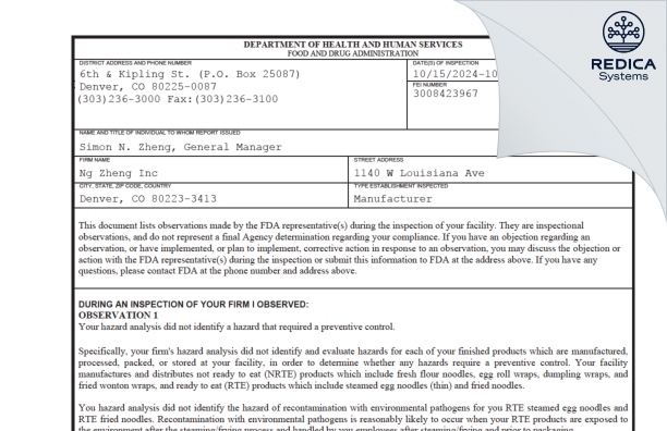FDA 483 - NG Zheng, Inc [Denver / United States of America] - Download PDF - Redica Systems