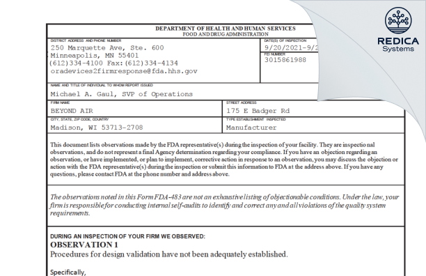 FDA 483 - BEYOND AIR [Fitchburg / United States of America] - Download PDF - Redica Systems