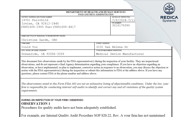FDA 483 - Could You [Oceanside / United States of America] - Download PDF - Redica Systems