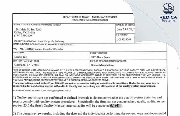 FDA 483 - RECIBIO, INC. [Richmond / United States of America] - Download PDF - Redica Systems
