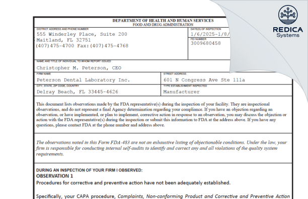 FDA 483 - Peterson Dental Laboratory Inc. [Delray Beach / United States of America] - Download PDF - Redica Systems