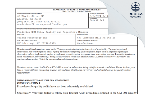 FDA 483 - TRACKX TECHNOLOGY Inc. [Hillsborough / United States of America] - Download PDF - Redica Systems