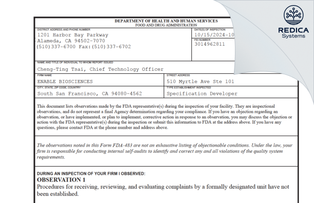 FDA 483 - ENABLE BIOSCIENCES [South San Francisco / United States of America] - Download PDF - Redica Systems