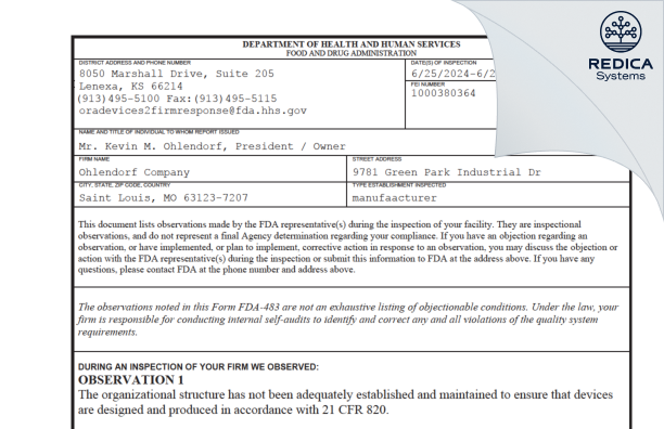 FDA 483 - Ohlendorf Company [Saint Louis / United States of America] - Download PDF - Redica Systems