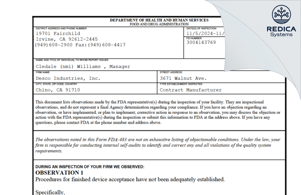 FDA 483 - Specialteam [Yorba Linda / United States of America] - Download PDF - Redica Systems