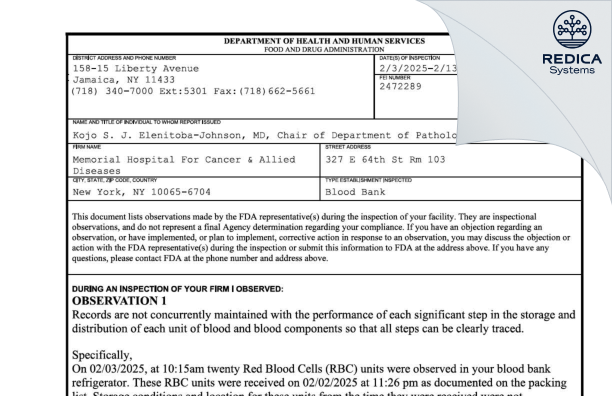 FDA 483 - Memorial Hospital For Cancer & Allied Diseases [New York / United States of America] - Download PDF - Redica Systems