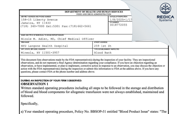 FDA 483 - NYU Langone Health Hospital [Mineola / United States of America] - Download PDF - Redica Systems