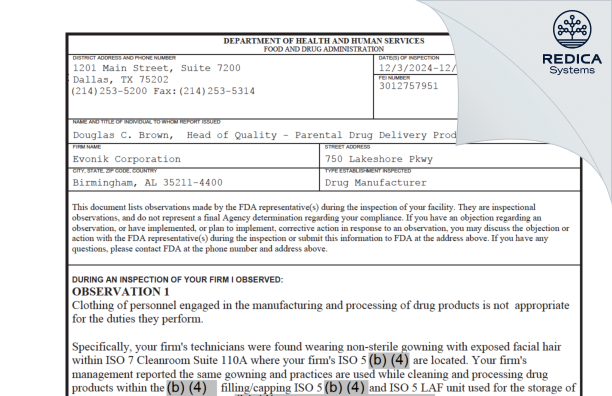 FDA 483 - Evonik Corporation [Birmingham / United States of America] - Download PDF - Redica Systems